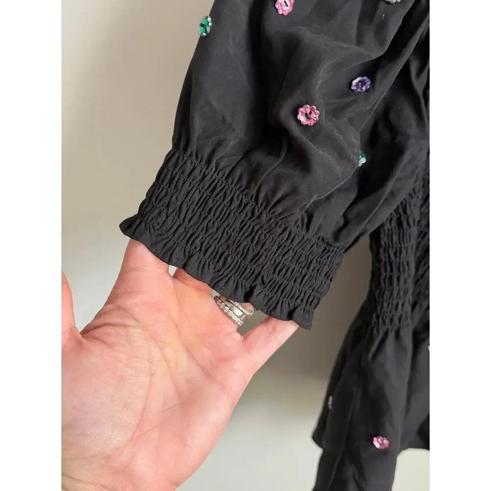 Hill House Home Jewel Jammie Puff Sleeve Smocked Peplum Blouse Top Black Small